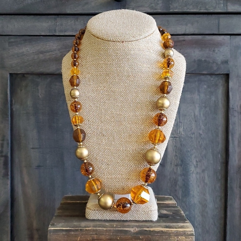 VINTAGE GOLD TONE ORANGE BROWN BEAD NECKLACE 25 INCH Drama Graduated  Chunky Vtg